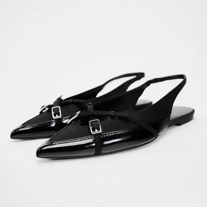 2024 Summer New Black Women's Sandals Buckle Cross Pointed Elegant Traf Designer Slingbacks Ladies Flat Shoes Big Size Footwear