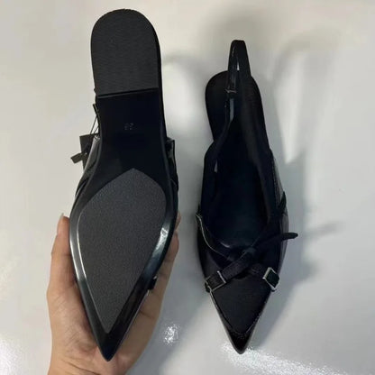 2024 Summer New Black Women's Sandals Buckle Cross Pointed Elegant Traf Designer Slingbacks Ladies Flat Shoes Big Size Footwear