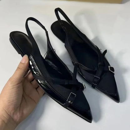 2024 Summer New Black Women's Sandals Buckle Cross Pointed Elegant Traf Designer Slingbacks Ladies Flat Shoes Big Size Footwear